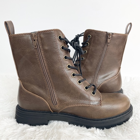 NWT 8.5 10 SO Brown faux leather, vegan combat / moto boots - Picture 5 of 10